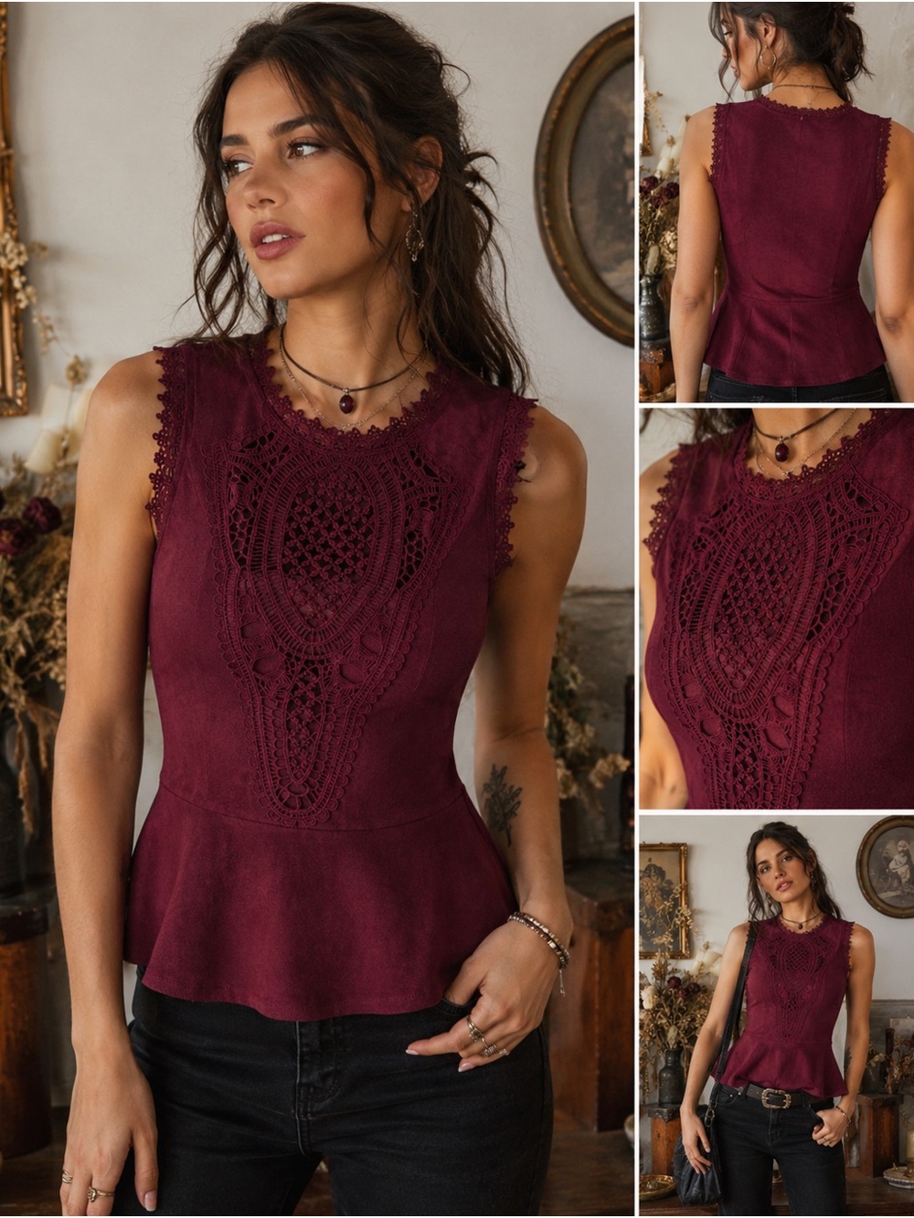 Alya Faux Suede Peplum Top in Burgundy, Size S Crochet Western Boho Romantic